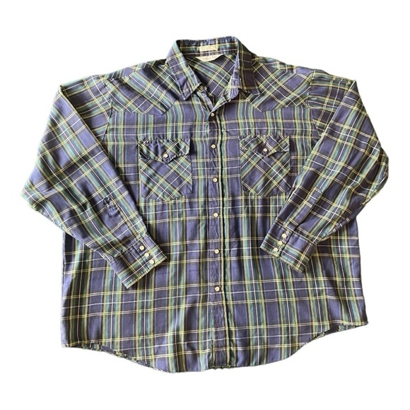 Vintage Timber Run‎ Western Mens Blue Plaid Woven Gingham Pearl Snap Shirt 2XL - Picture 1 of 8